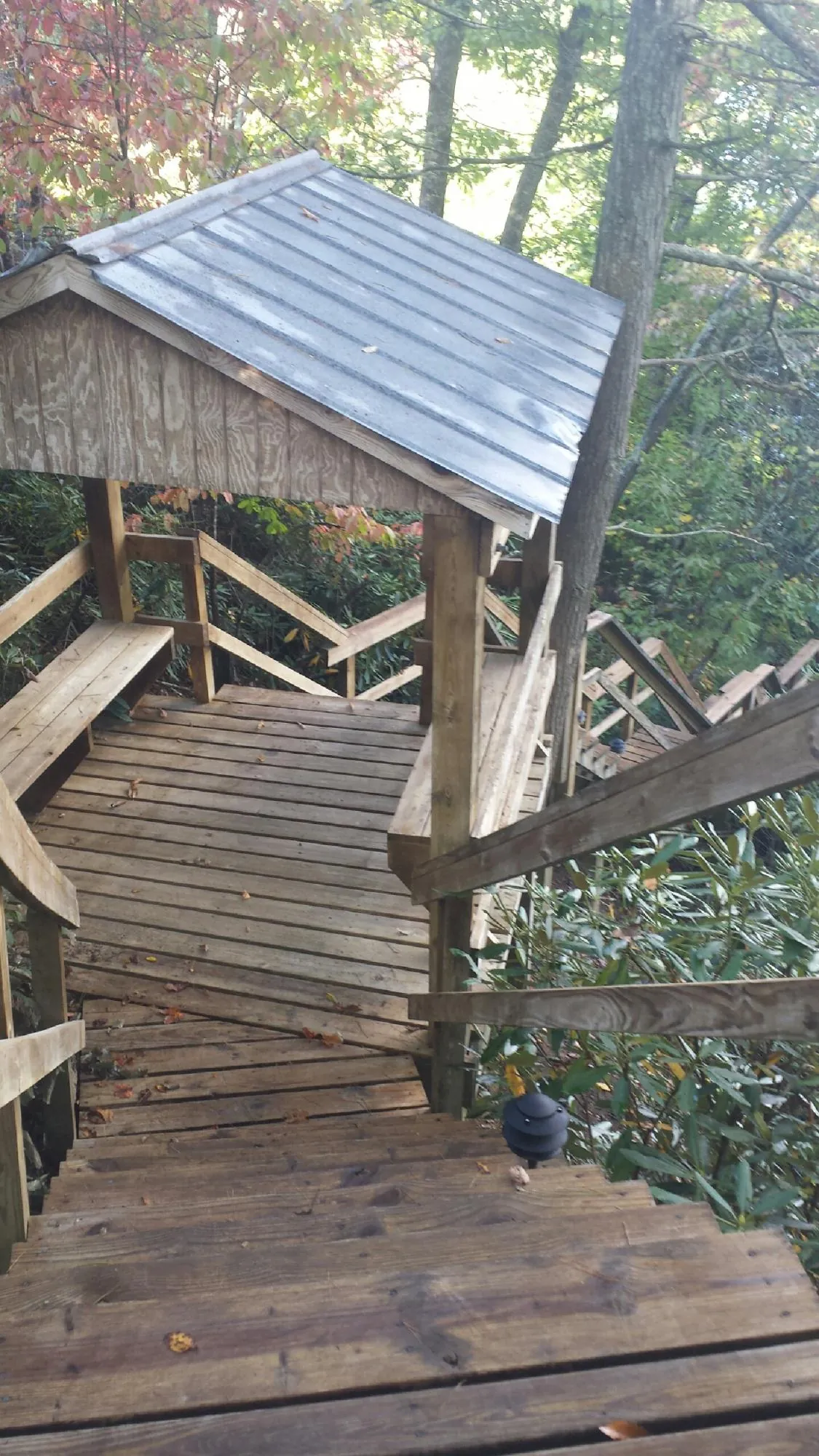 Metal roofed shelter over wooden steps on a wooded walkway — Skylight Repair & Installation work by our crew in Star Junction
